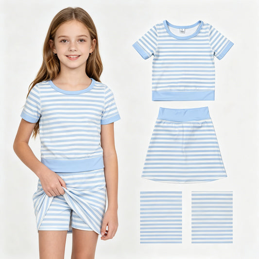 Baby Girls Light Blue Stripe Top Skirt Shorts Yoga Active Clothes Sets