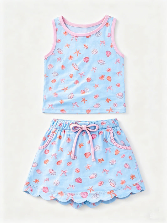 Baby Girls Bows Starfishes Vests Pockets Skirt Short Scallop Clothes Sets Preorder