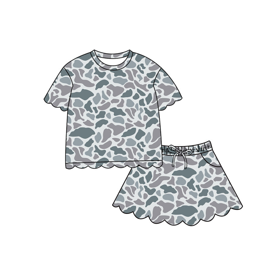 Baby Girls Short Sleeve Southern Light Grey Camo Scallop Top Skirt Short Clothes Set Preorder