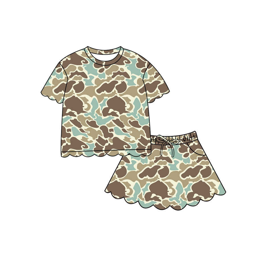 Baby Girls Short Sleeve Southern Khaki Camo Scallop Top Skirt Short Clothes Set Preorder