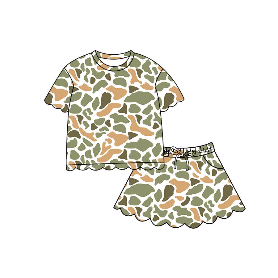Baby Girls Short Sleeve Southern Yellow Camo Scallop Top Skirt Short Clothes Set Preorder