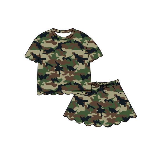 Baby Girls Short Sleeve Southern Green Camo Scallop Top Skirt Short Clothes Set Preorder