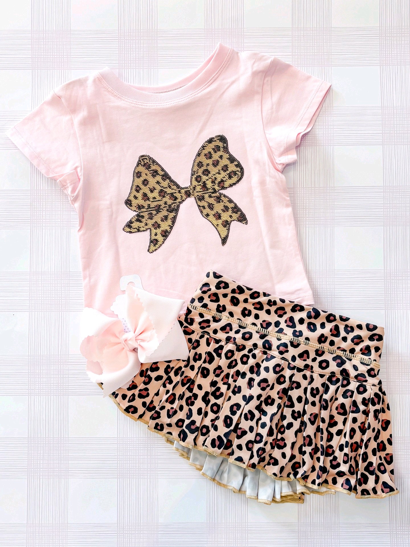 Baby Girls Pink Shirt Leopard Bows Top Ruffle Skirt Short Clothes Sets Preorder