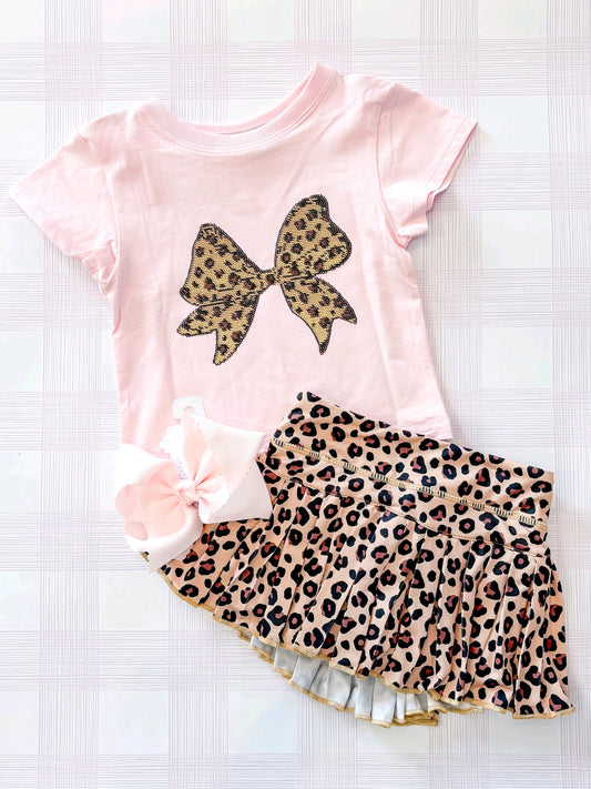 Baby Girls Pink Shirt Leopard Bows Top Ruffle Skirt Short Clothes Sets Preorder