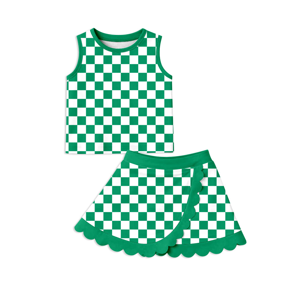 Baby Girls Green Checked Vest Top Scallop Skirt Short Yoga Active Clothes Set Preorder