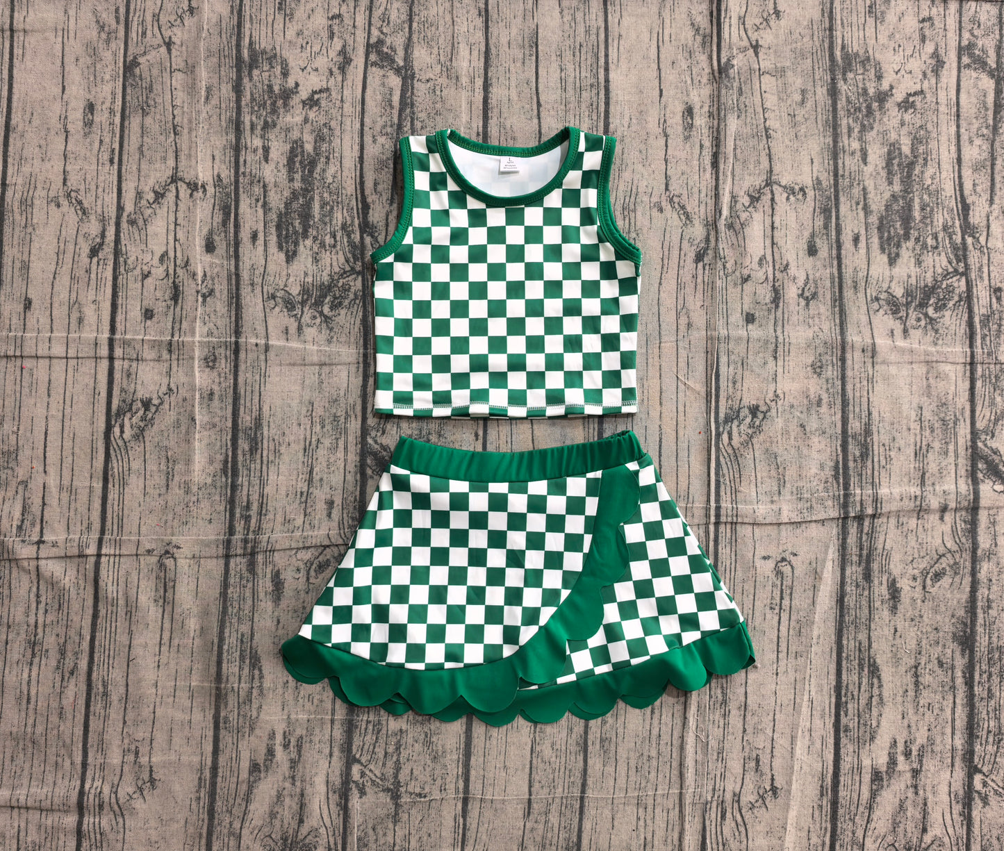 Baby Girls Green Checked Vest Top Scallop Skirt Short Yoga Active Clothes Set Preorder