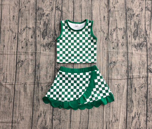 Baby Girls Green Checked Vest Top Scallop Skirt Short Yoga Active Clothes Set Preorder