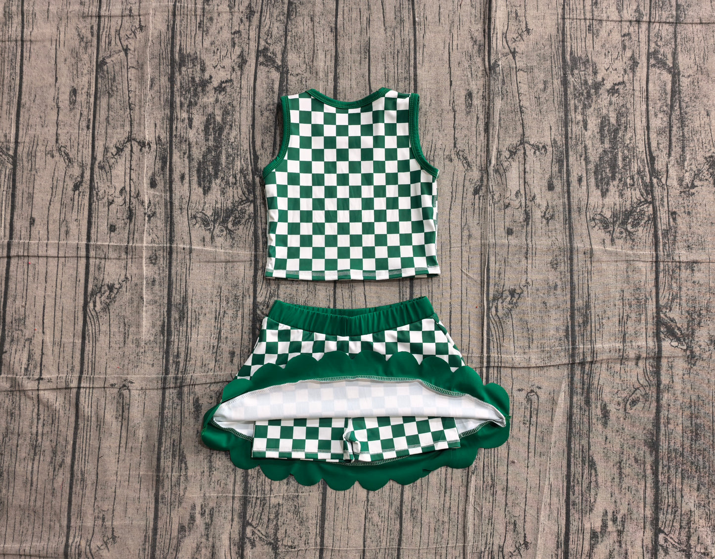 Baby Girls Green Checked Vest Top Scallop Skirt Short Yoga Active Clothes Set Preorder