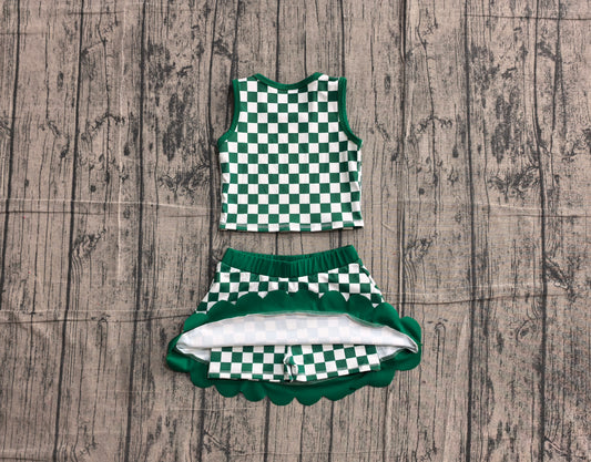 Baby Girls Green Checked Vest Top Scallop Skirt Short Yoga Active Clothes Set Preorder