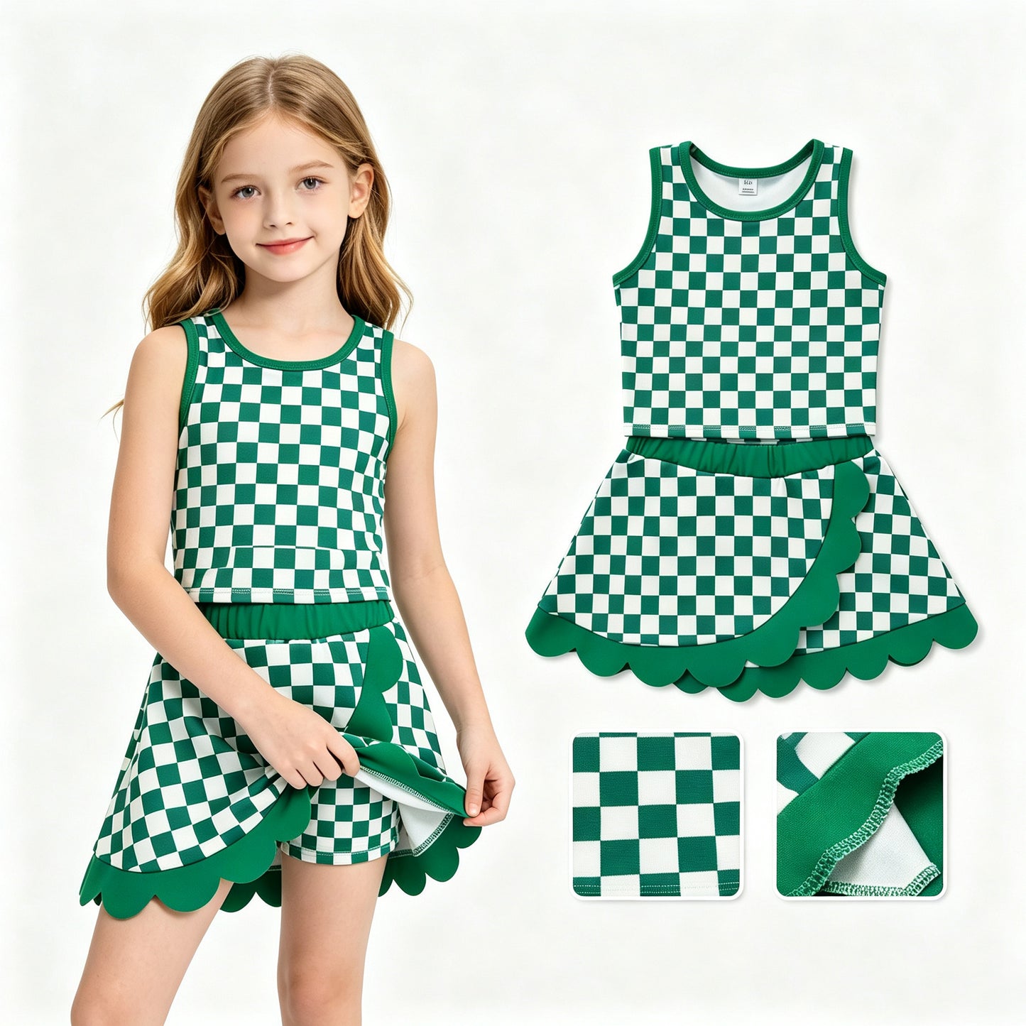 Baby Girls Green Checked Vest Top Scallop Skirt Short Yoga Active Clothes Set