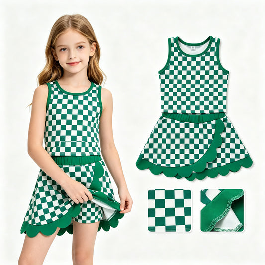 Baby Girls Green Checked Vest Top Scallop Skirt Short Yoga Active Clothes Set