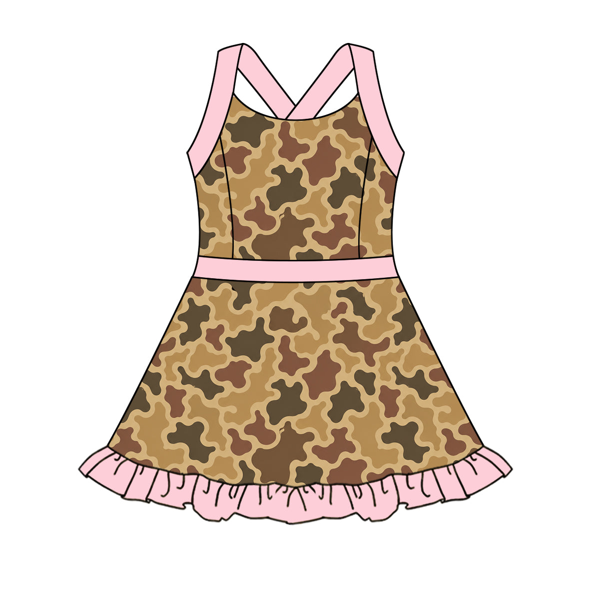 Baby Girls Strap Brown Camo Yoga Active Ruffle Knee Length Dress Preorder