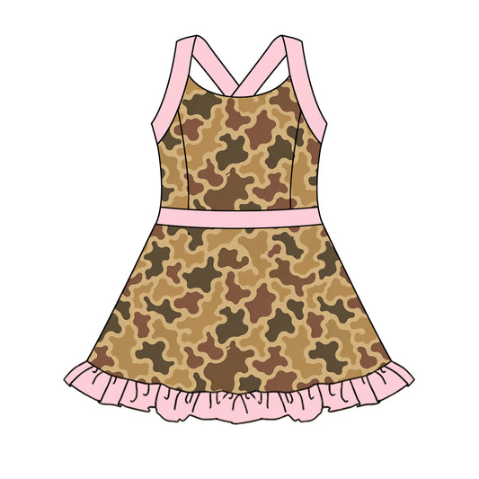 Baby Girls Strap Brown Camo Yoga Active Ruffle Knee Length Dress Preorder