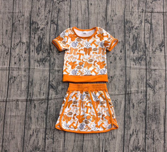 Baby Girls Orange Bows Footballs T Top Skirt Shorts Team Yoga Active Clothes Sets Preorder