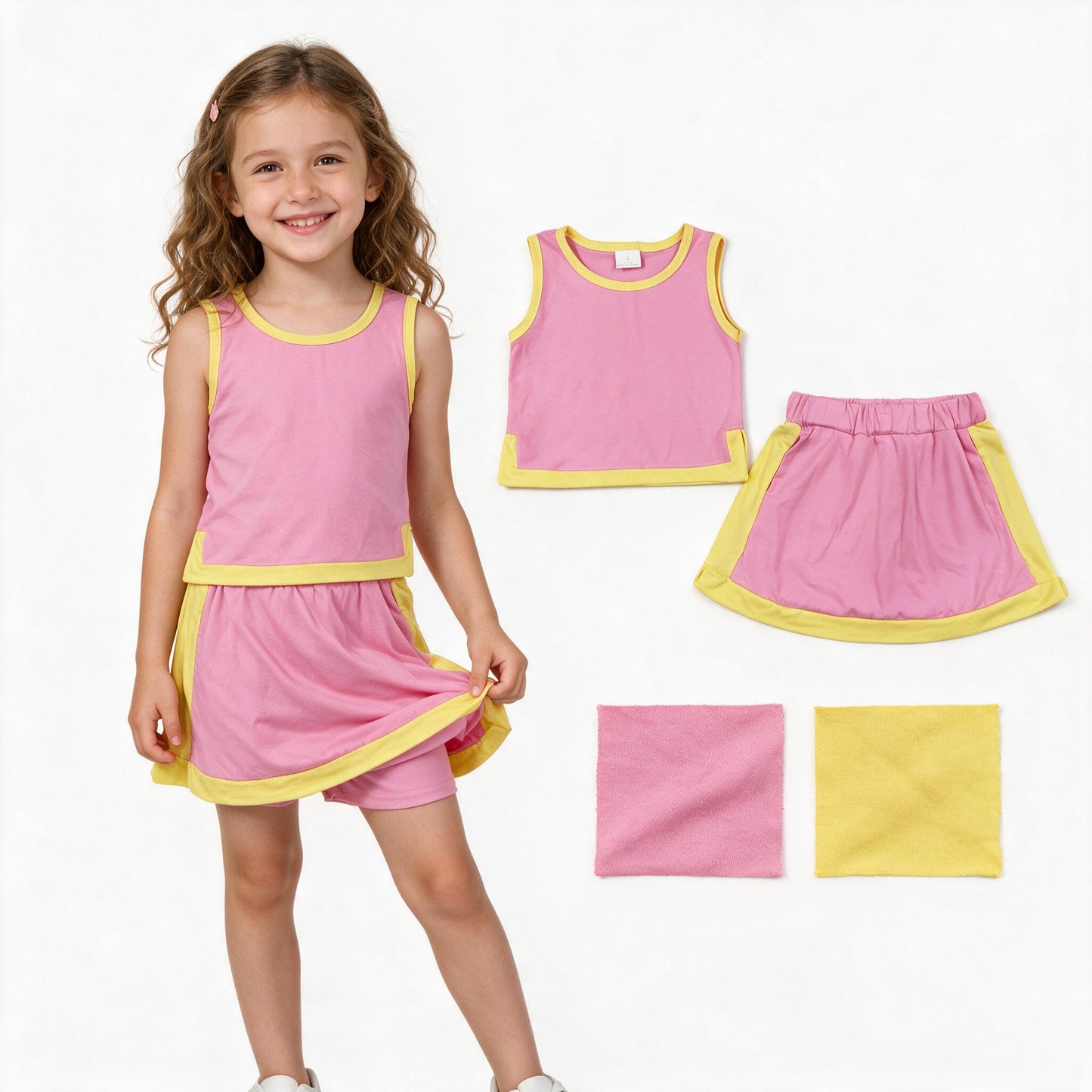 Baby Girls Pink Yellow Sleeveless Vest Top Skirt Short Clothes Sets