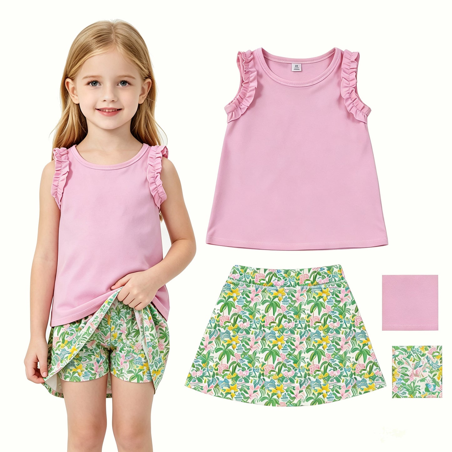 Baby Girls Pink Cotton Tunic Sea Plants Yoga Active Skirt Short Clothes Set