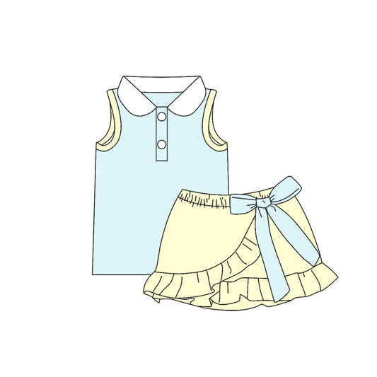 Baby Girls Aqua Yellow Button Vest Top Ruffle Bows Skirt Short Clothes Set Preorder