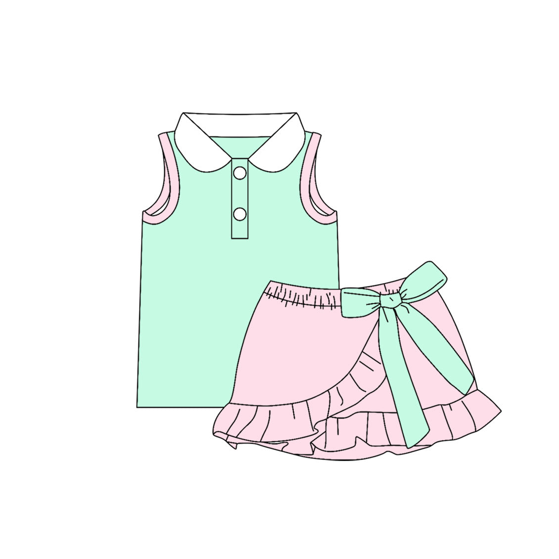 Baby Girls Aqua Pink Button Vest Top Ruffle Bows Skirt Short Clothes Set Preorder