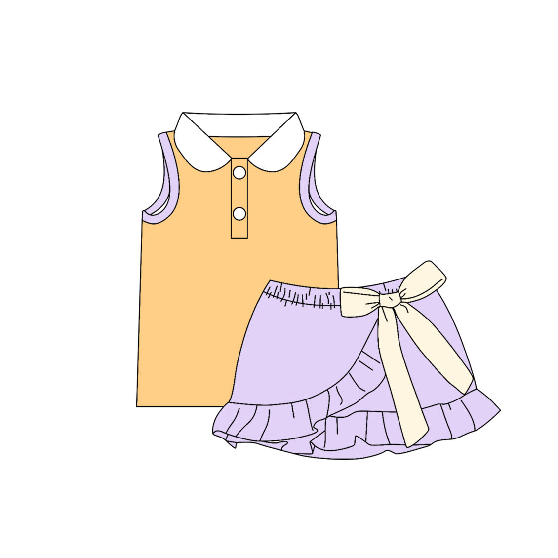 Baby Girls Orange Lavender Button Vest Top Ruffle Bows Skirt Short Clothes Set Preorder