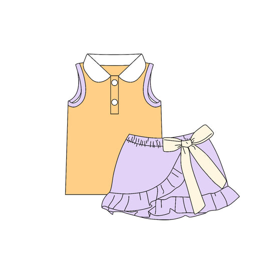 Baby Girls Orange Lavender Button Vest Top Ruffle Bows Skirt Short Clothes Set Preorder