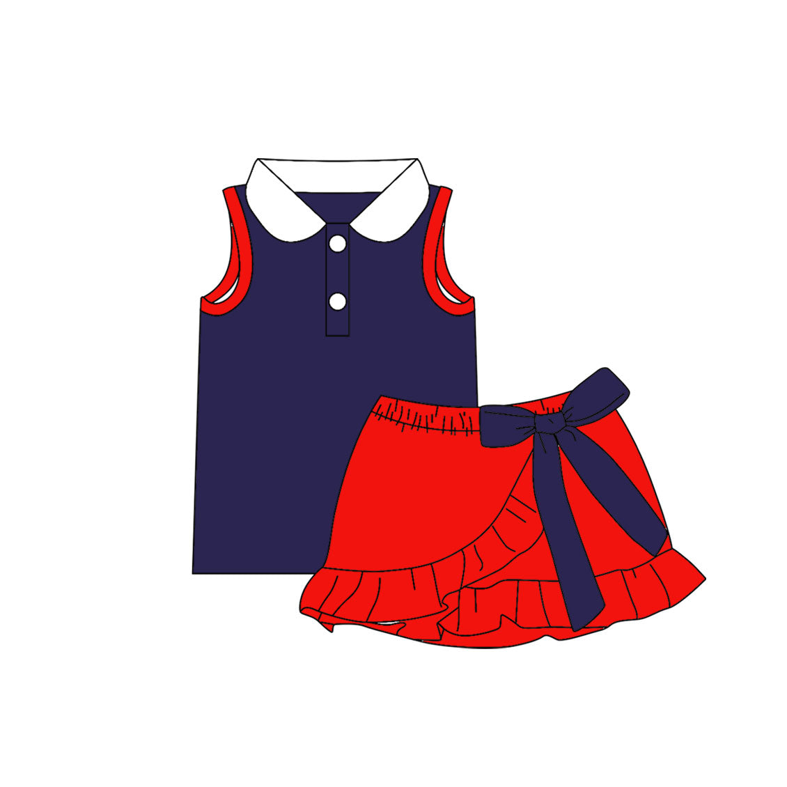 Baby Girls Navy Red Button Vest Top Ruffle Bows Skirt Short Clothes Set Preorder