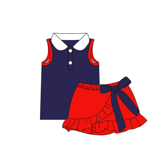 Baby Girls Navy Red Button Vest Top Ruffle Bows Skirt Short Clothes Set Preorder