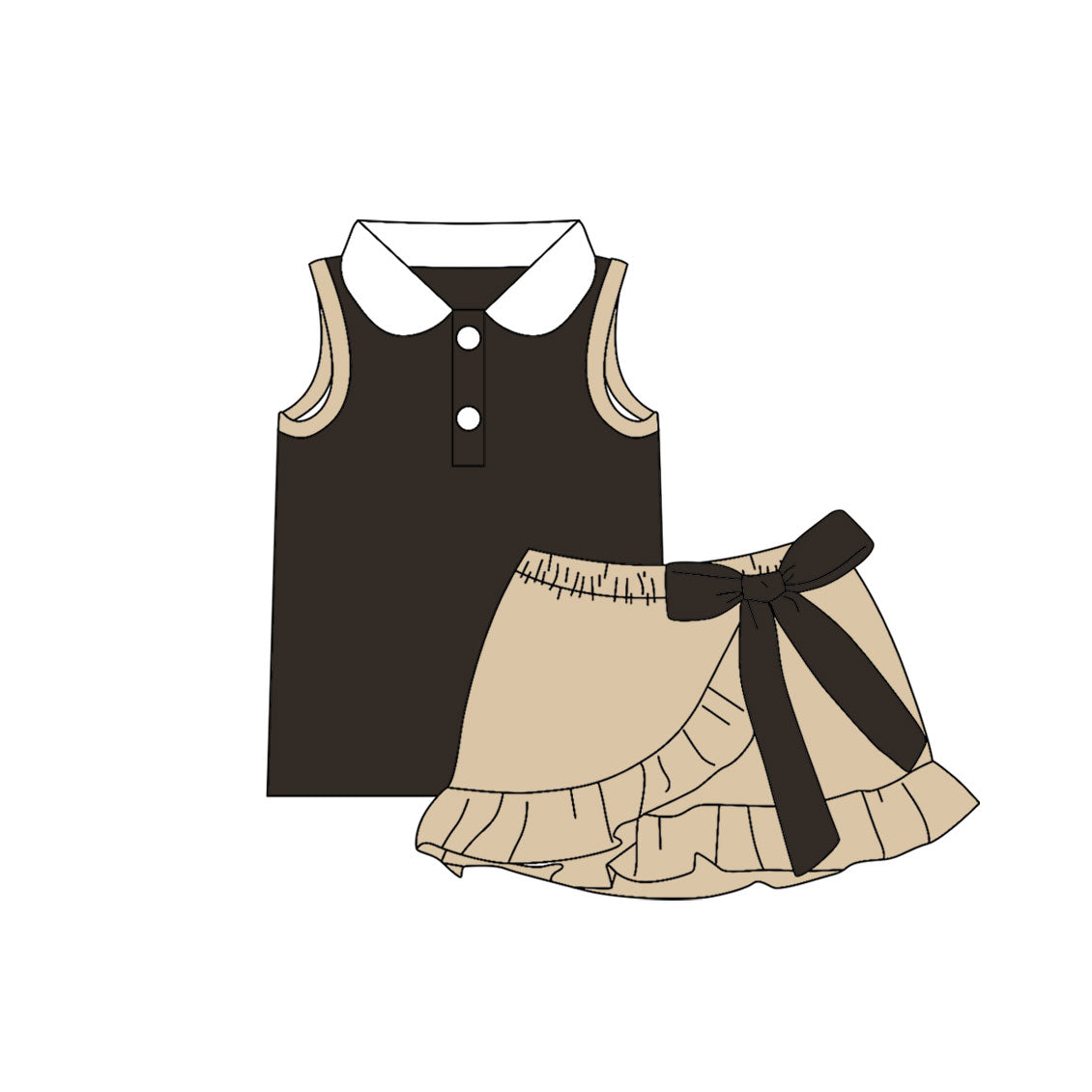 Baby Girls Brown Khaki Button Vest Top Ruffle Bows Skirt Short Clothes Set Preorder