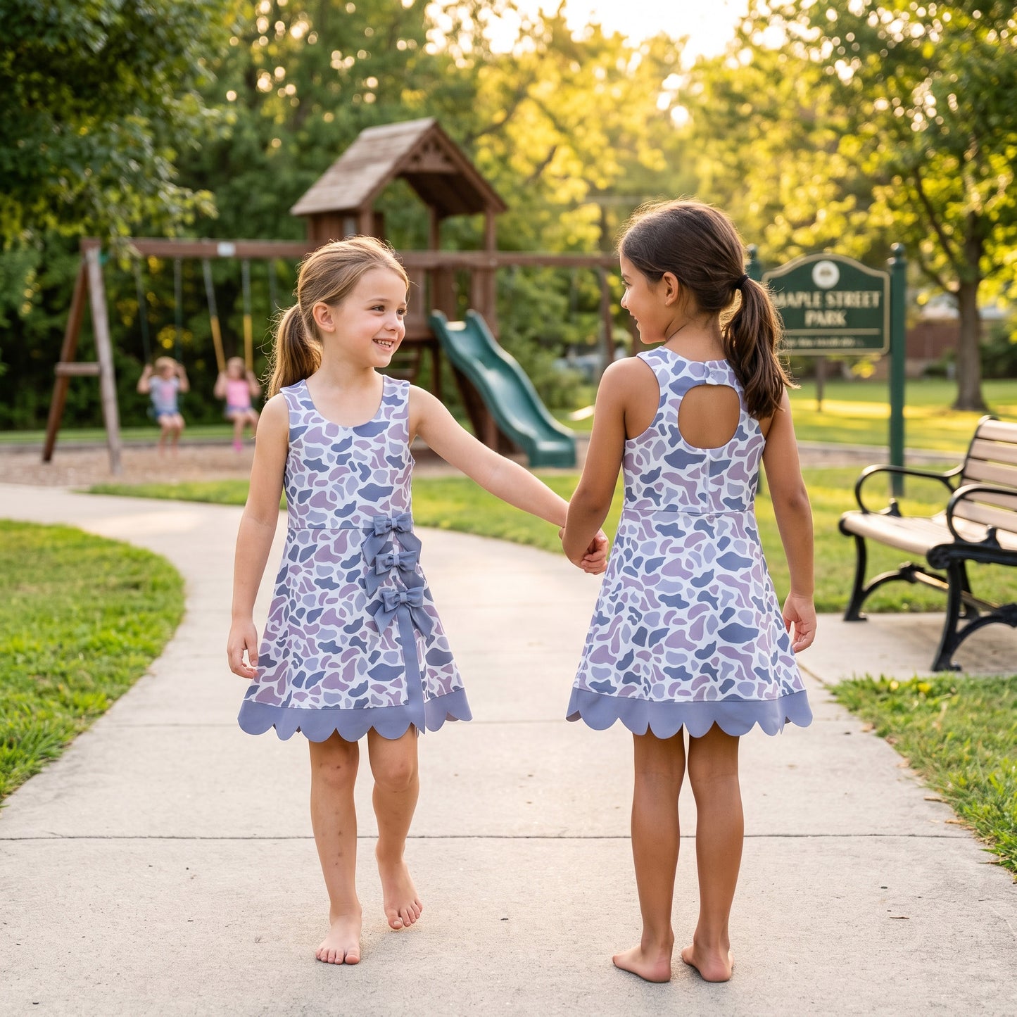 Baby Girls Southern Light Grey Camo Yoga Active Short Bows Scallop Knee Length Dress