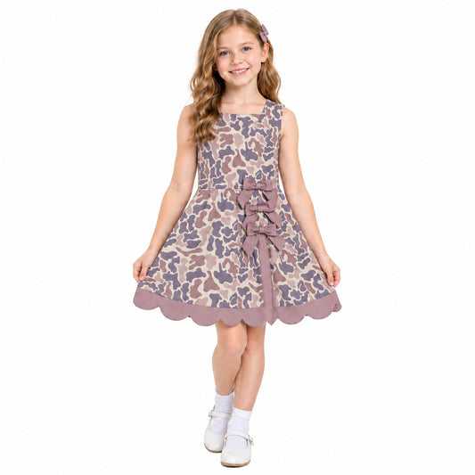 Baby Girls Sleeveless Brown Camo Yoga Active Short Scallop Bows Knee Length Dress