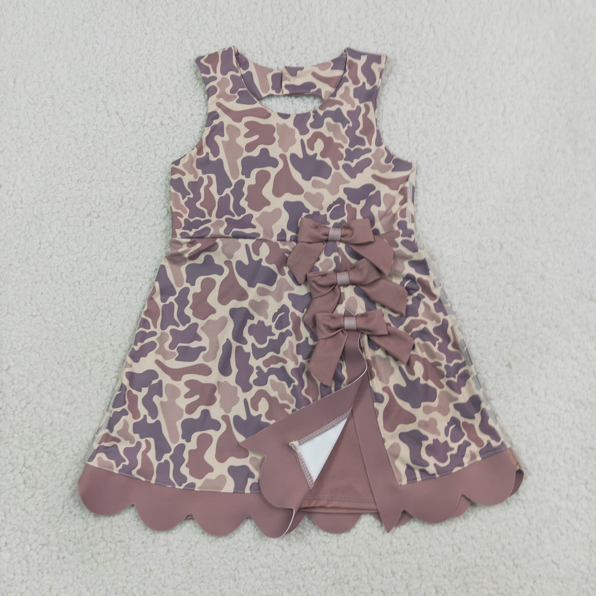Baby Girls Sleeveless Khaki Camo Yoga Active Short Scallop Bows Knee Length Dress