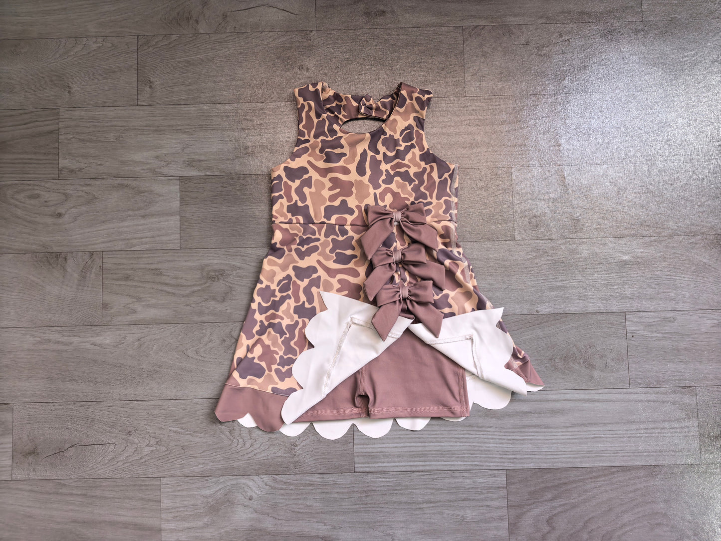 Baby Girls Southern Brown Grey Camo Yoga Active Short Scallop Knee Length Dress Preorder