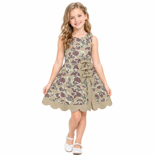 Baby Girls Southern Khaki Camo Yoga Active Short Scallop Bows Knee Length Dress