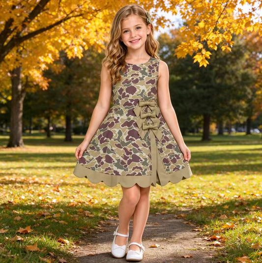 Baby Girls Southern Khaki Camo Yoga Active Short Scallop Bows Knee Length Dress