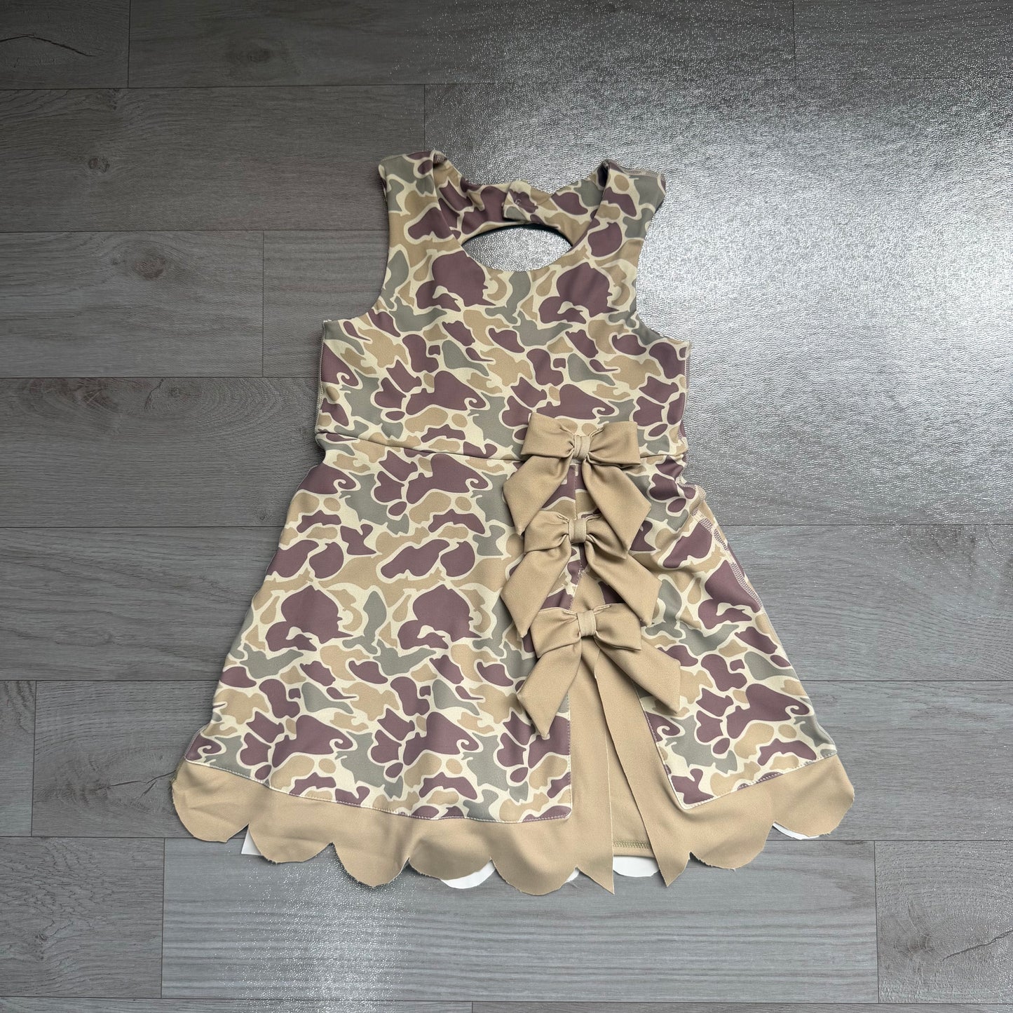 Baby Girls Southern Khaki Camo Yoga Active Short Bows Scallop Knee Length Dress Preorder