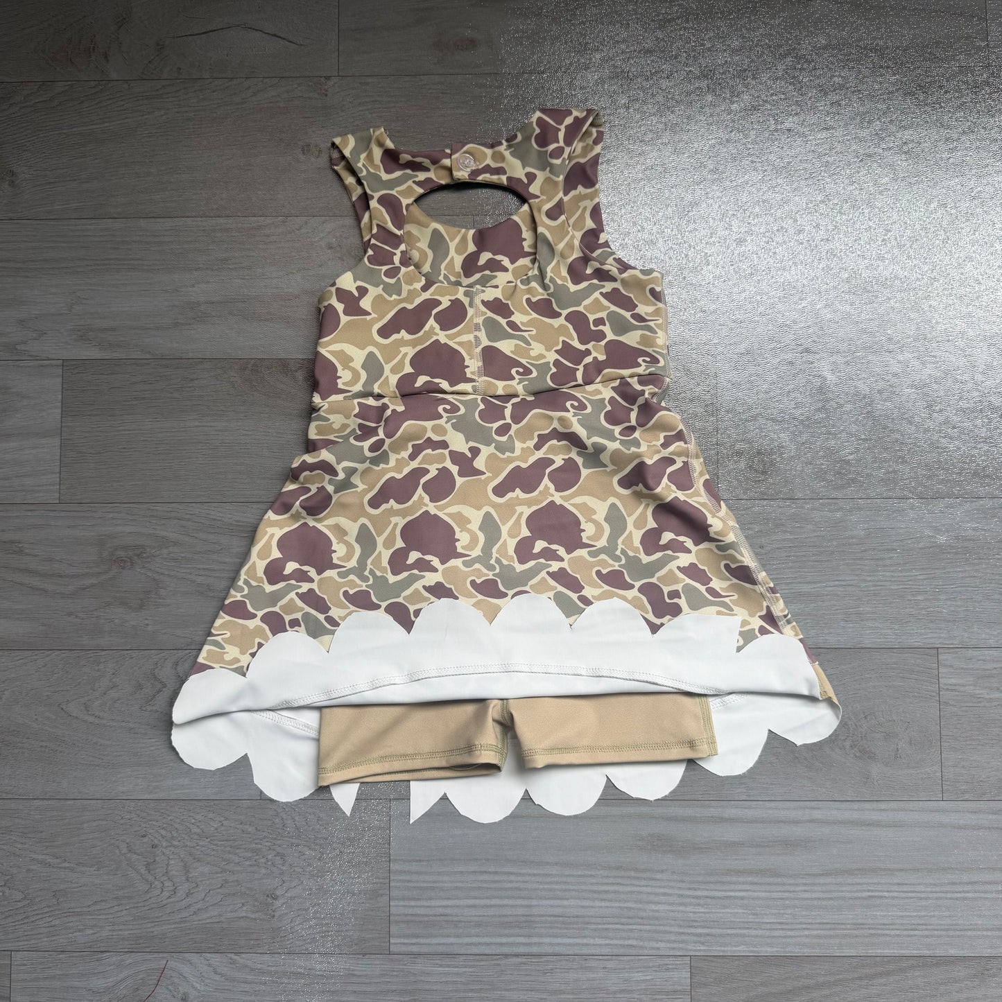 Baby Girls Southern Khaki Camo Yoga Active Short Bows Scallop Knee Length Dress Preorder