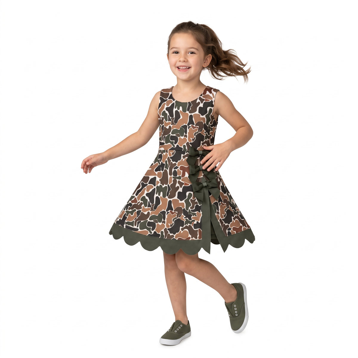 Baby Girls Dark Brown Camo Yoga Active Short Bows Scallop Knee Length Dress