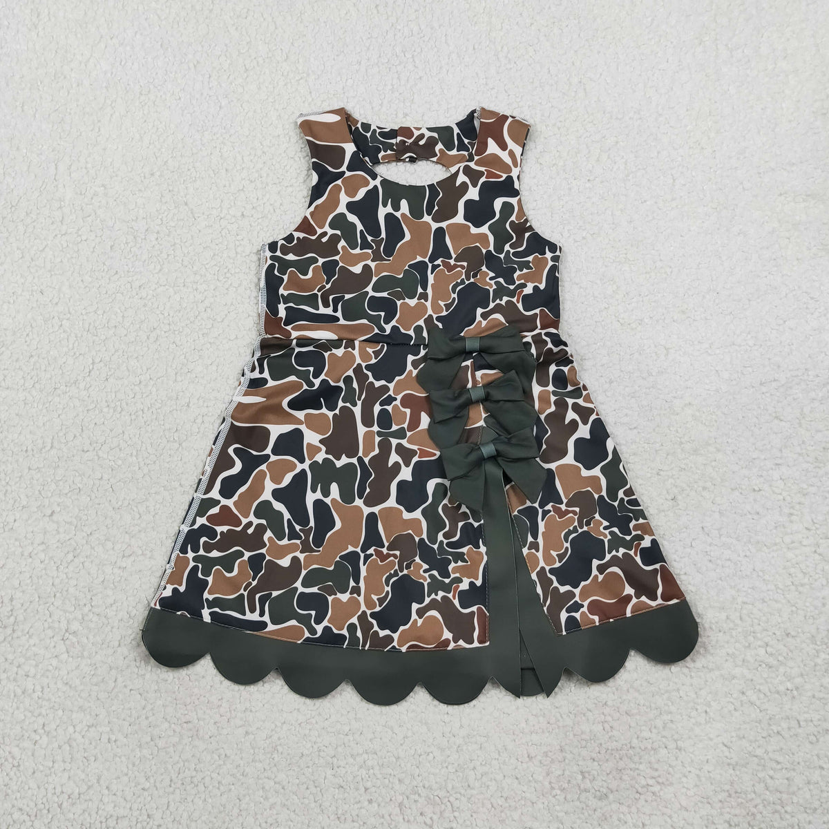 Baby Girls Dark Brown Camo Yoga Active Short Bows Scallop Knee Length Dress