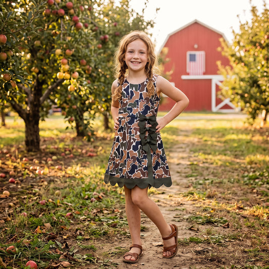 Baby Girls Dark Brown Camo Yoga Active Short Bows Scallop Knee Length Dress
