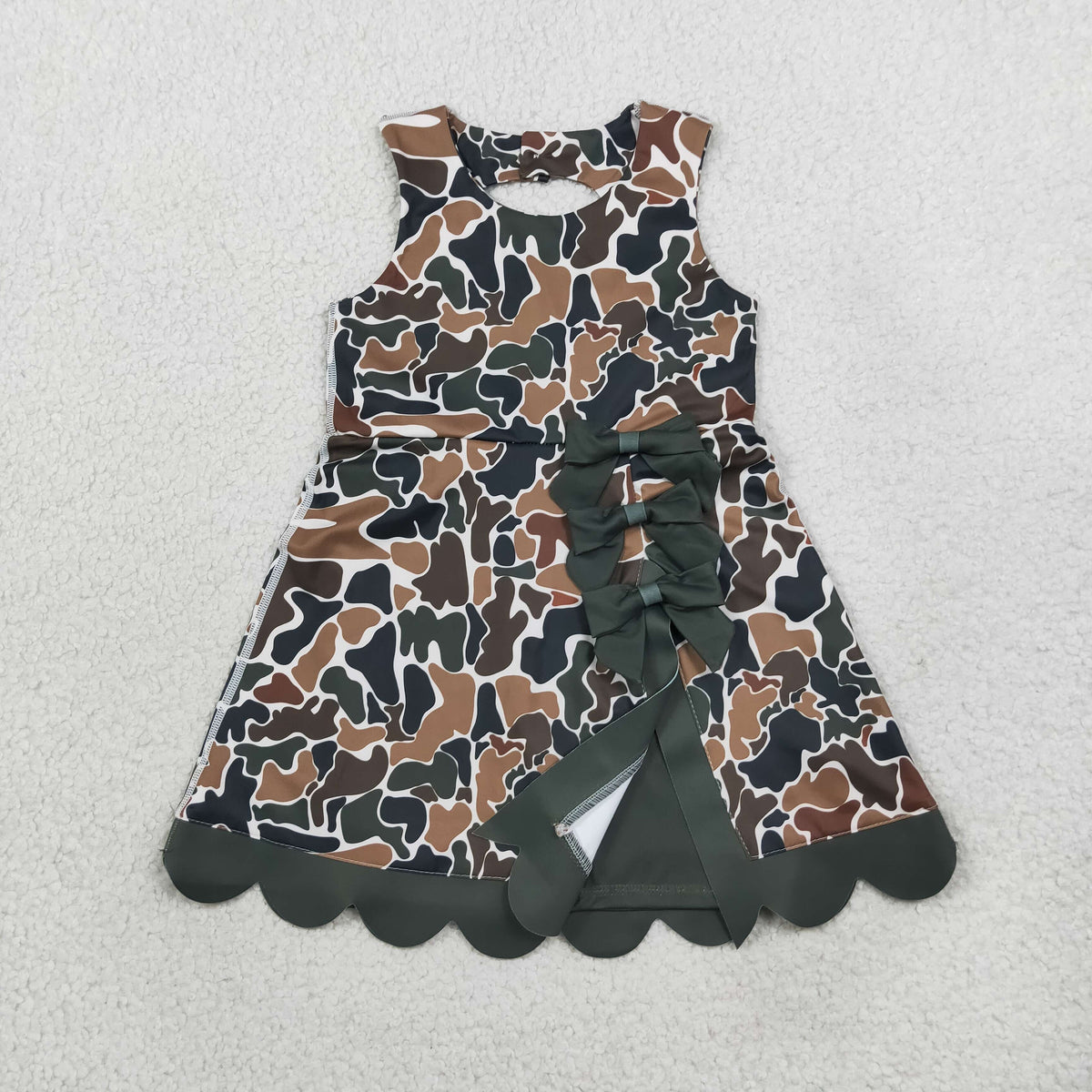 Baby Girls Dark Brown Camo Yoga Active Short Bows Scallop Knee Length Dress