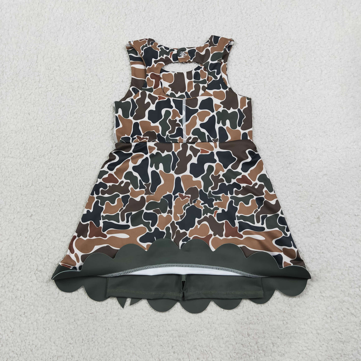Baby Girls Dark Brown Camo Yoga Active Short Bows Scallop Knee Length Dress