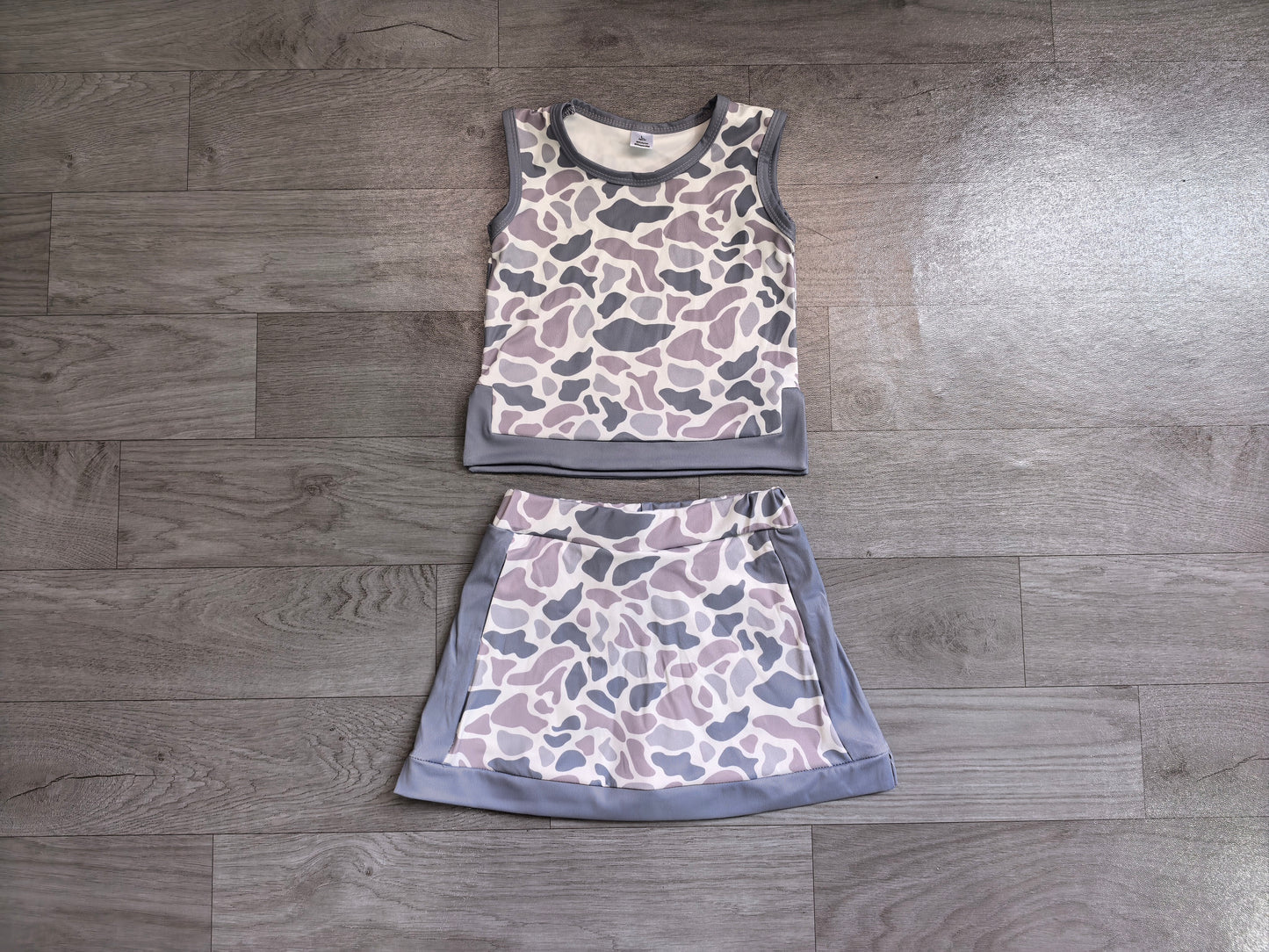 Baby Girls Southern Light Grey Camo Vest Top Skirt Short Yoga Active Clothes Set Preorder