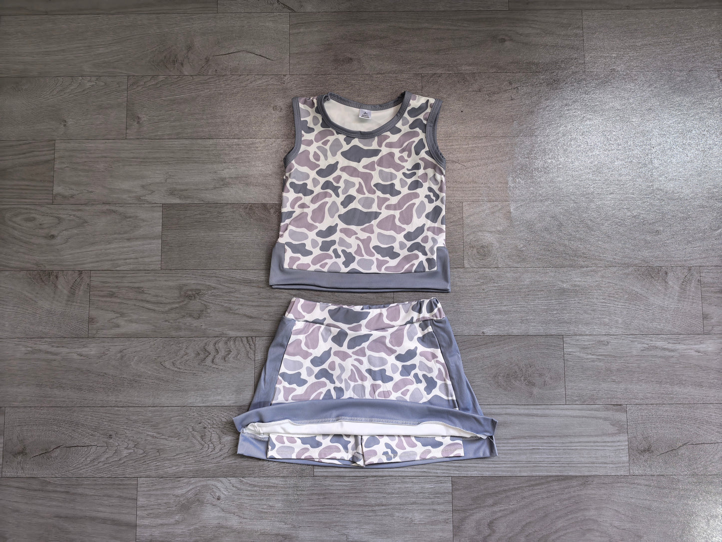 Baby Girls Southern Light Grey Camo Vest Top Skirt Short Yoga Active Clothes Set Preorder