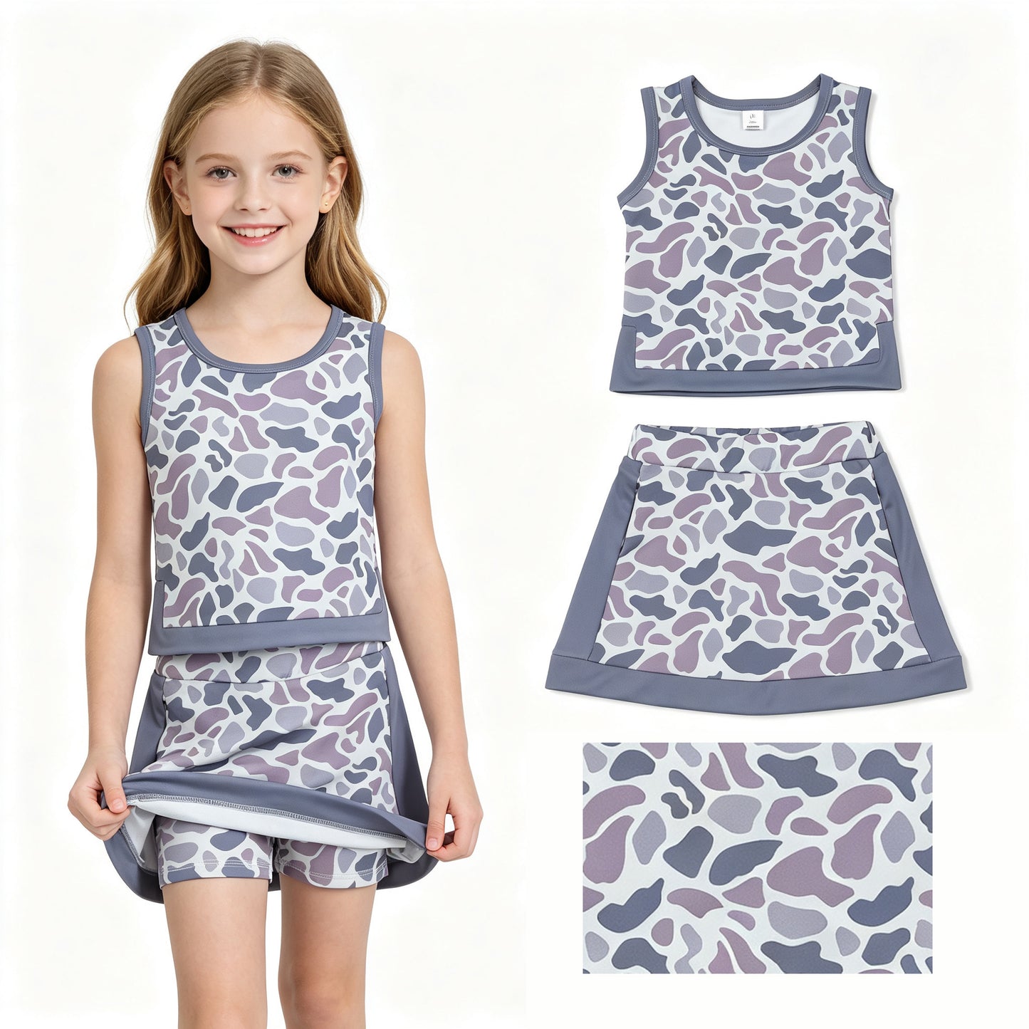 Baby Girls Southern Light Grey Camo Vest Top Skirt Short Yoga Active Clothes Sets