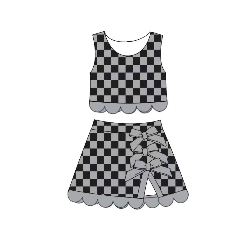 Preorder moq 5 Baby Girls Grey Checked Vest Skirt Short Yoga Active Shorts Scallop Clothes Set