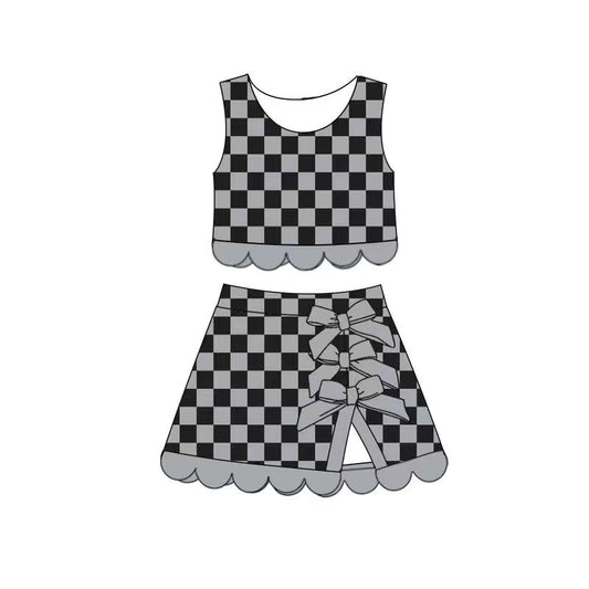 Preorder moq 5 Baby Girls Grey Checked Vest Bows Skirt Short Yoga Active Scallop Clothes Set