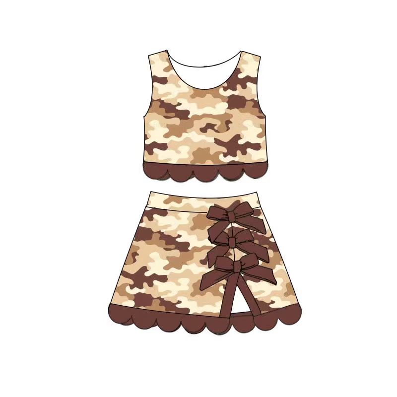 Preorder moq 5 Baby Girls Khaki Camo Vest Skirt Short Yoga Active Shorts Scallop Clothes Set