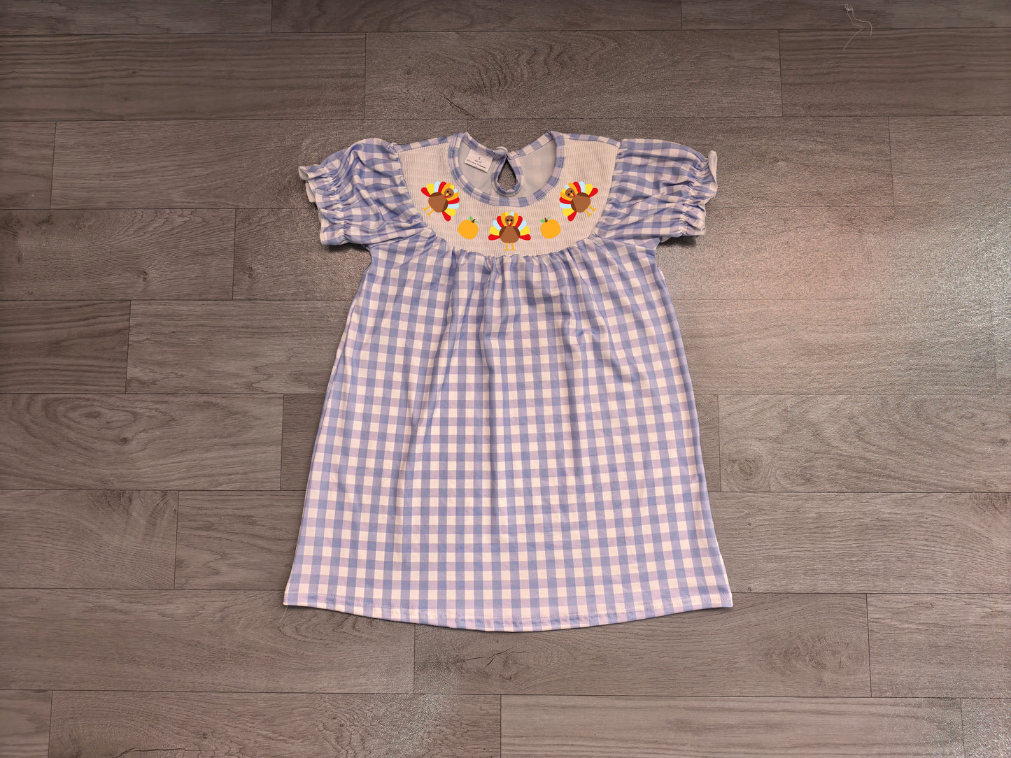 Smocked Turkey Baby Girls Blue Checked Thanksgiving Knee Length Dress Preorder