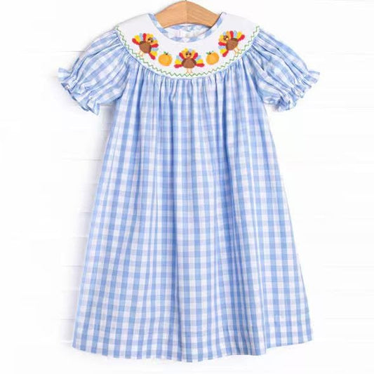 Preorder moq 5 Baby Girls Short Ruffle Sleeve Turkey Thanksgiving Checked Knee Length Dress
