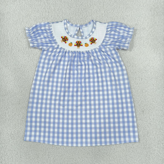Sibling Baby Girls Smocked Pumpkin Turkey Blue Checked Thanksgivings Dress Rompers