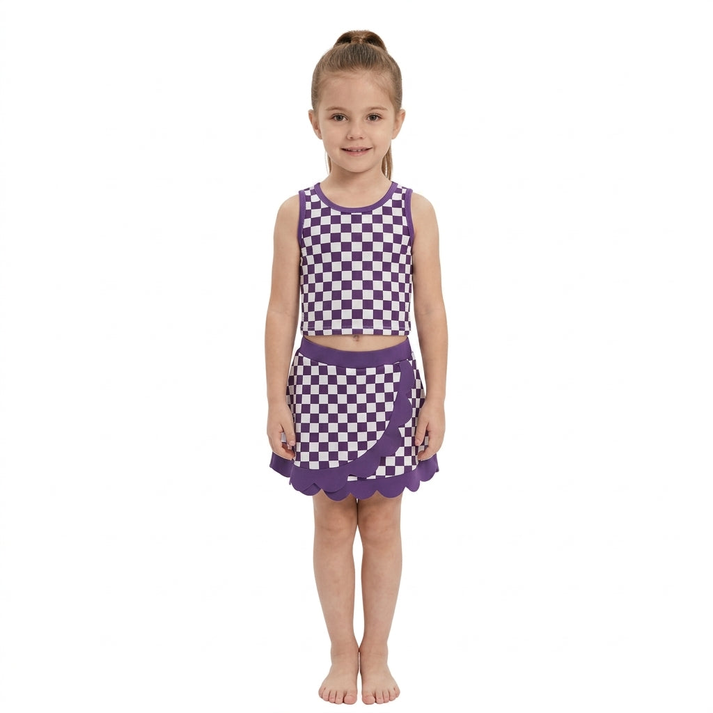 Baby Girls Purple Checked Vest Scallop Skirt Short Yoga Active Clothes Set